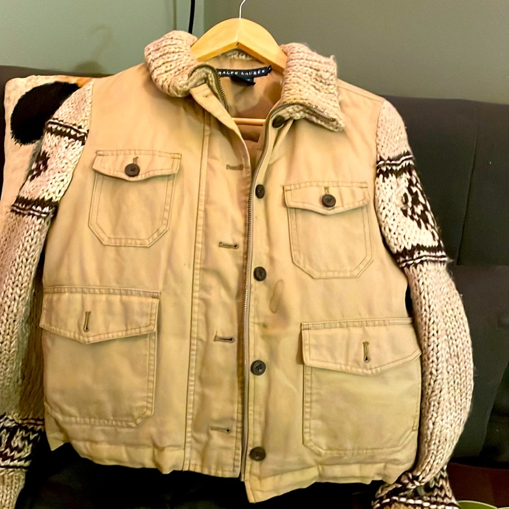Ralph Lauren knit sleeves and down jacket. There is a small stain on the front.